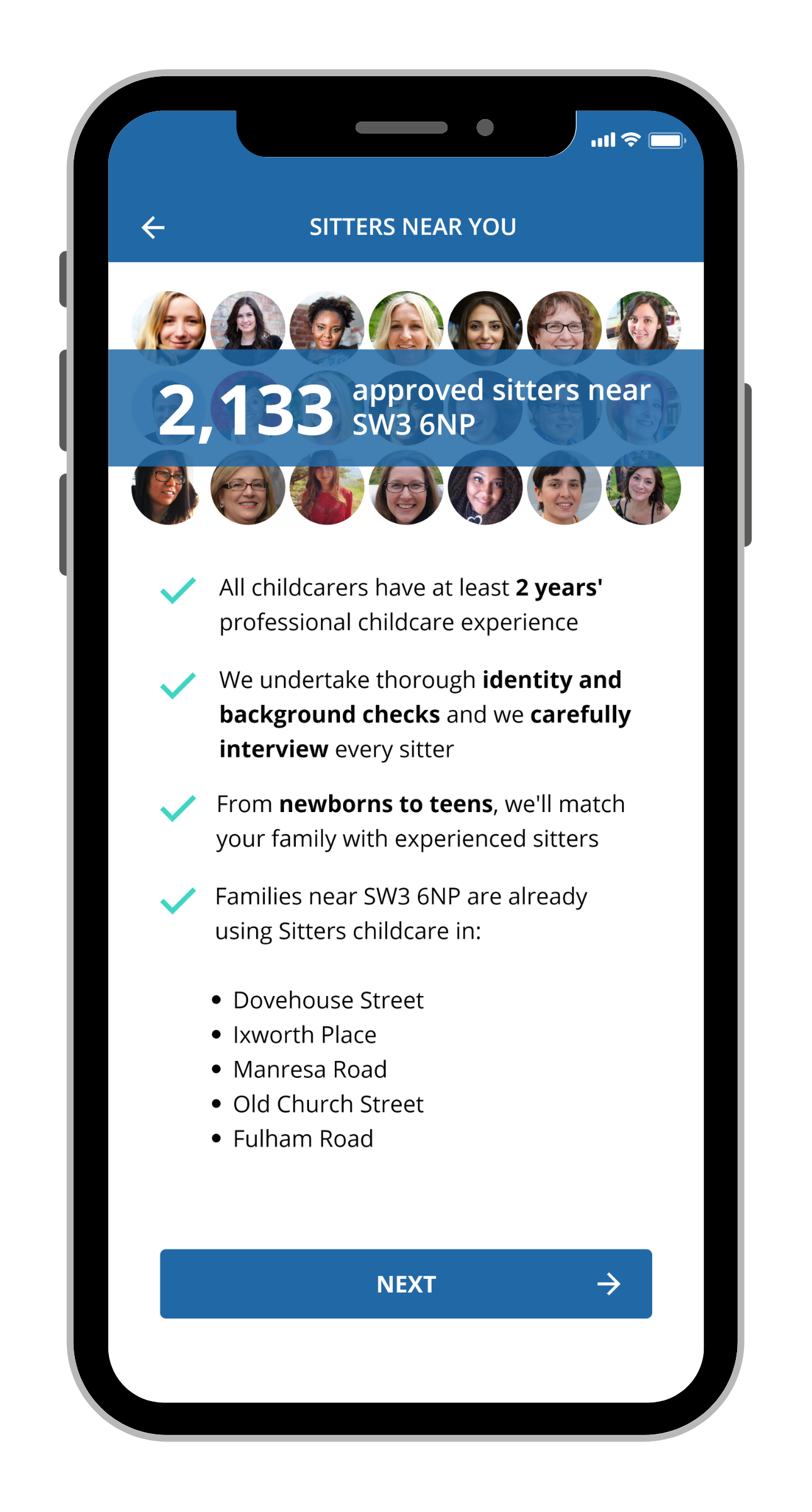 Sitters app screenshot of registering as a parent