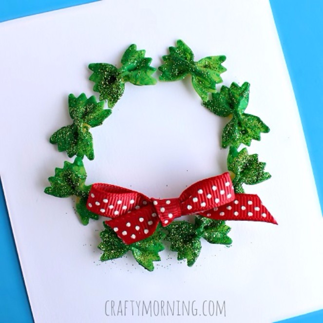 Source: https://www.craftymorning.com/bow-tie-noodle-wreath-craft-christmas-card-idea/